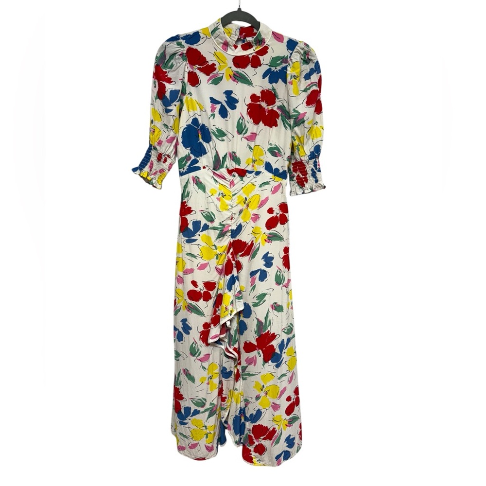 Rixo Floral Midi Dress Size 0 Silk Puff Sleeve Ruffle Luxury Designer